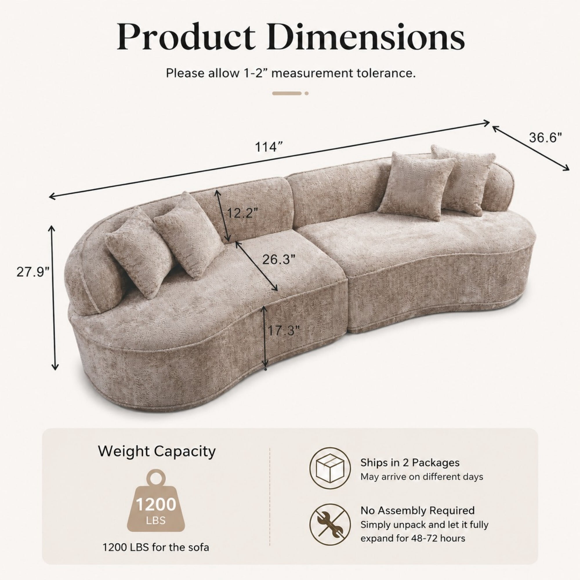 DEALTOPS 114" Modular Boucle Curved Sectional Sofa, 4-Seater Cloud Couch with No Assembly, Oatmeal