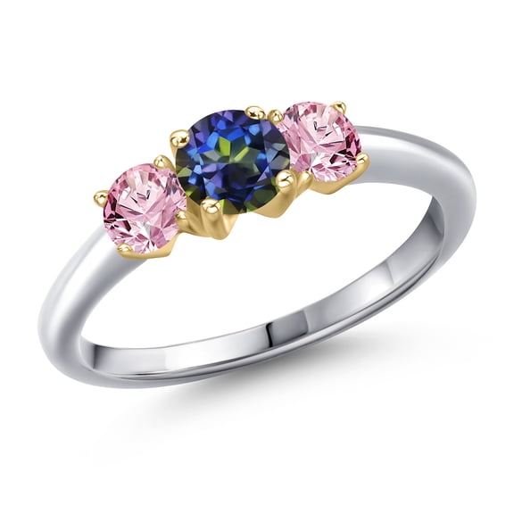 Gem Stone King 925 Silver and 10K Yellow Gold Blue Mystic Topaz and Pink Lab Grown Diamond Engagement Ring for Women | 1.00 Cttw | Round 5MM | Gemstone November Birthstone | Size 5
