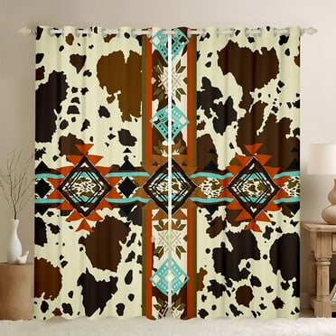 Cowhide Blackout Curtains Western Curtains,Brown Highland Cow Print Curtains & Drapes Exotic Aztec Diamond Farm Animals Bull Cattle Skin Room Decor Cowboys Gifts for Women
