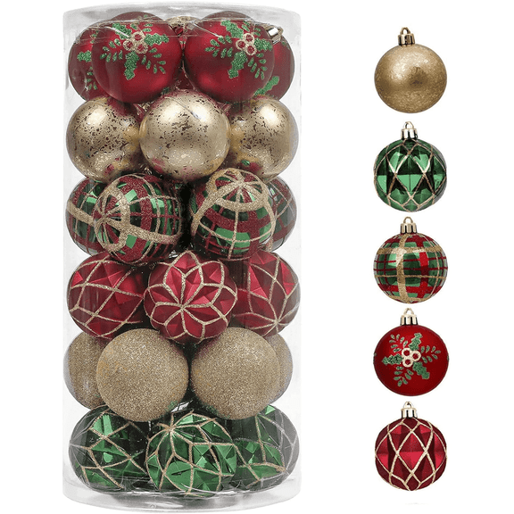 Valery Madelyn 30ct 2.36 inches Traditional Red Green Gold Christmas Ornaments Shatterproof Christmas Ball Ornaments Hanging Bauble for Holidays Christmas Christmas Party decoration