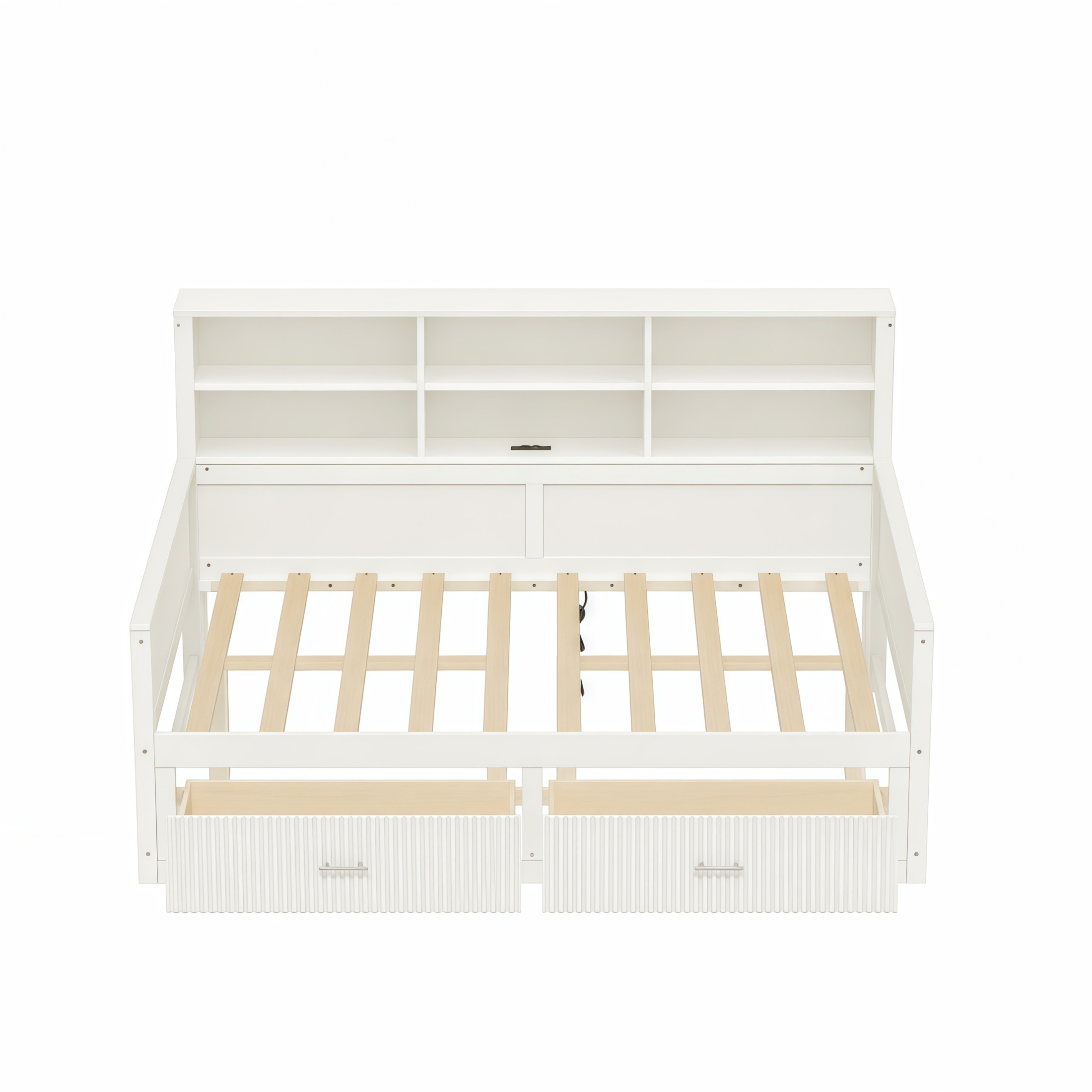 GDF Studio Josha Full-Size Wooden Daybed with Bookcase Headboard, Storage Drawers & Built-In Charging Station, White