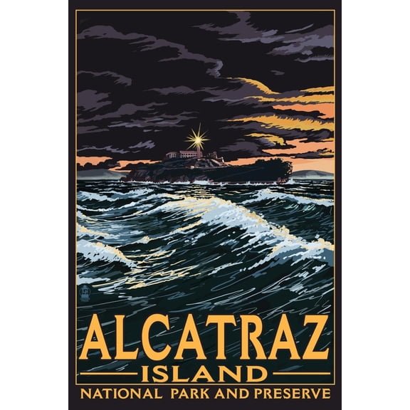 Art.com Alcatraz Island Night Scene - San Francisco, CA Art Print by Lantern Press, 16" x 24"