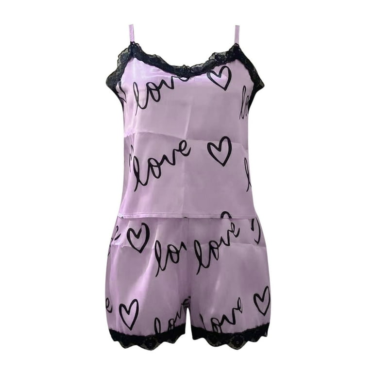 ASEIDFNSA Women Pajama Womens Tall Pajamas Long Length Women S Ice Silk Shredded Milk Suspender Home Clothes Set Soft Love Printed Pajama Set