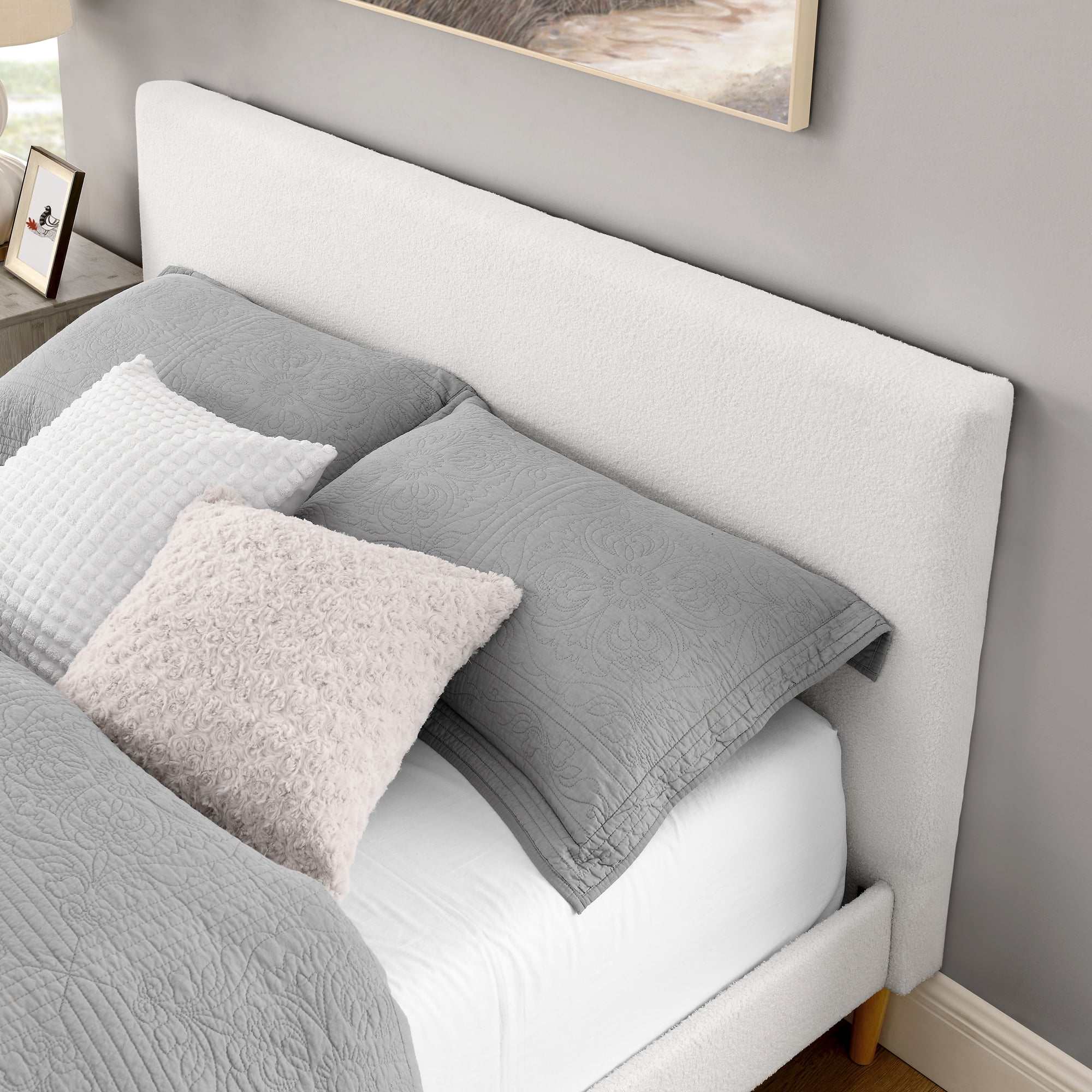 King Size Upholstered Platform Bed Frame with Headboard, Solid Wood Slat Support, White, No Box Spring Needed, Easy Assembly