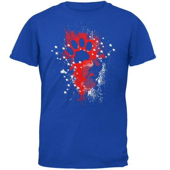 4th of July Kitty Cat Paw Print Stars and Splatters Mens Soft T Shirt Royal 3X-LG