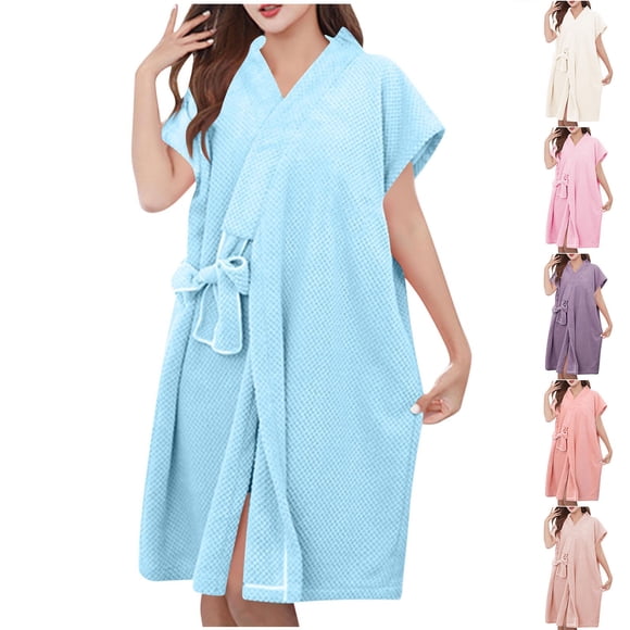 Feancey Womens Spa Robes Fleece Quick Dry Bathrobe Short Sleeve Knee Length Nightgowns Solid Casual Loose Housecoat with Belt Khaki Free Size