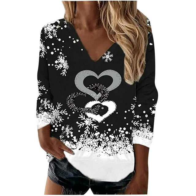 Blusa navideña de manga larga con cuello en V y estampado de copos de nieve informal a la moda para mujer Fridja FKASFK4257