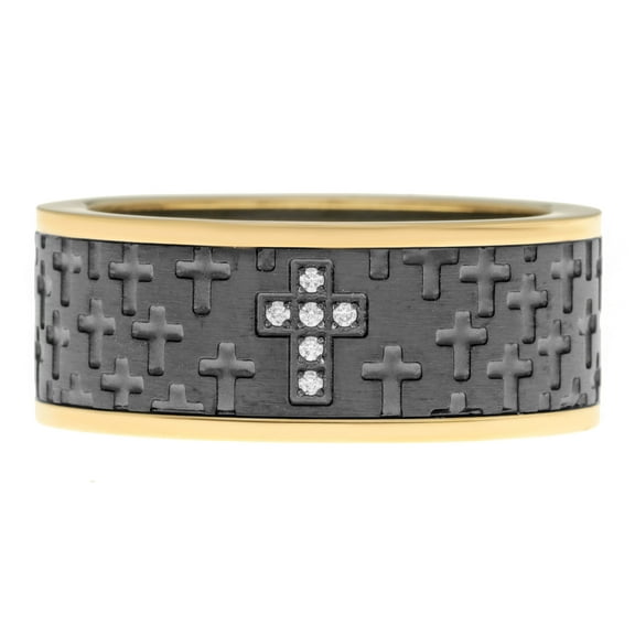 Cubic Zirconia Cross Ring for Men in Stainless Steel with Black and Gold Ion Plating 9 mm Wide Size 9 by Metro Jewelry