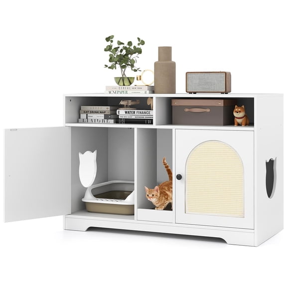 GVN 43Inch Cat House with Storage and Double Rooms, Cat Shelter for Indoor, Living Room, Home Office, White