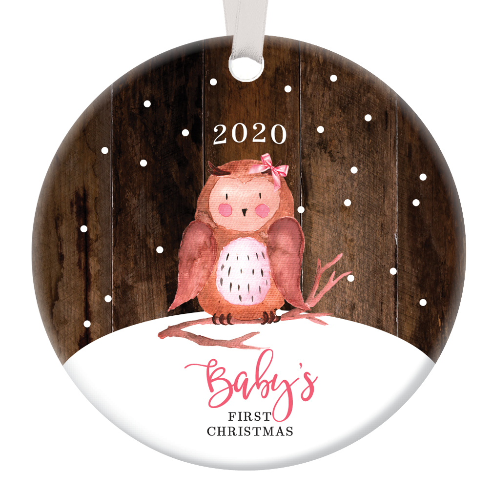 Baby Girl First Christmas Ornament 2020, Baby's 1st Christmas Owl Porcelain Ceramic Ornament, 3" Flat Circle Christmas Ornament with Glossy Glaze, White Ribbon & Free Gift Box | OR00126 Leah - image 1 of 2