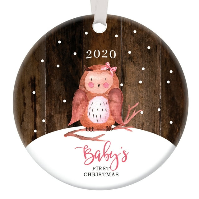 Baby Girl First Christmas Ornament 2020, Baby's 1st Christmas Owl Porcelain Ceramic Ornament, 3" Flat Circle Christmas Ornament with Glossy Glaze, White Ribbon & Free Gift Box | OR00126 Leah