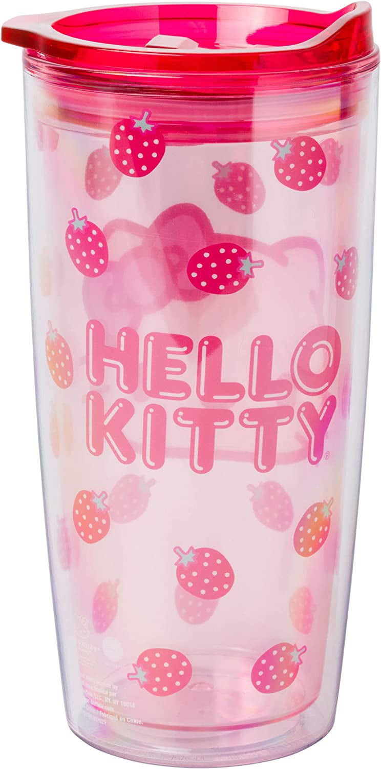 Silver Buffalo Sanrio Hello Kitty Strawberry Double Wall Travel Tumbler W/Slide Close Lid, 20 Ounces
