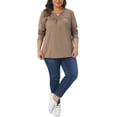 thumbnail image 2 of Agnes Orinda Women's Plus Size Tops Notched Gathered Neck Long Sleeve T-Shirts Loose Casual Tunic Blouses 1X Khaki, 2 of 5
