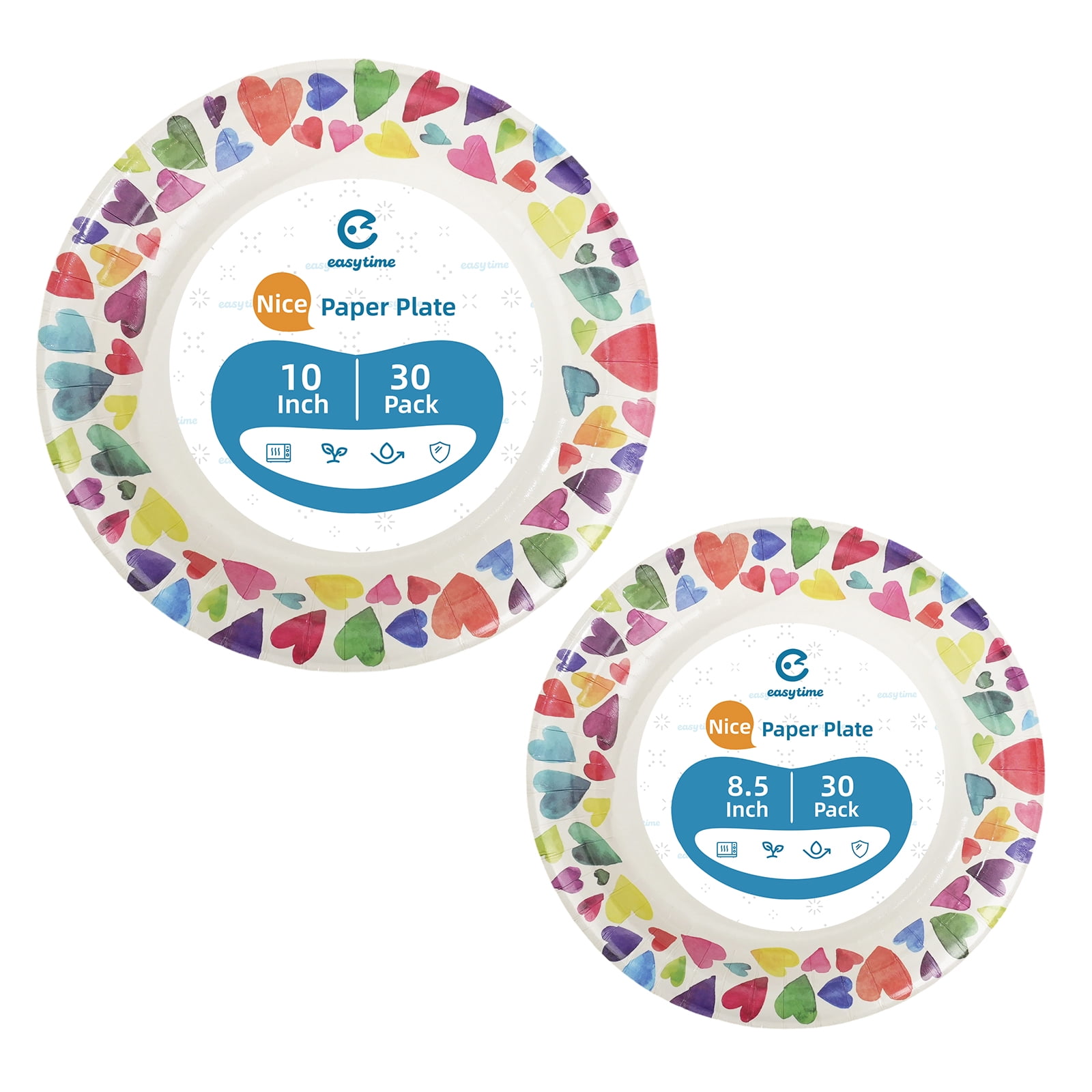 60 Pcs Paper Plates Sets Disposable, 30 Pcs 8.5inch Plates and 30 Pcs 10inch Plates, Compostable Round Multi Color Plates for Party, Valentine's Day, Microwaveable Plates for Dinner and Everyday Use