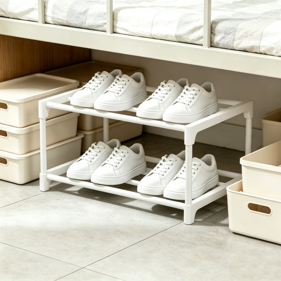 Hyknon Shoe Storage Rack, 2 Tiers Shoe Rack Organizer for Closet, Stackable Boot Rack Storage Narrow Boot Display Shelf, Free Standing Shoe Rack Shelf for Entryway Stackable DIY Shoe Holder, White