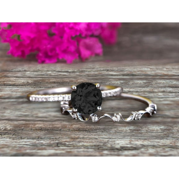 Art Deco 2 Carat Round Cut Black Diamond Moissanite Ring Set Engagement Ring on 10k White Gold
