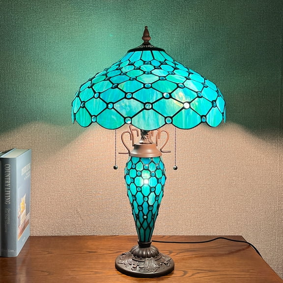 Tiffany Lamp Stained Glass Table Lamp 16x16x24 Inches 3-Light Seagrass Blue Beads Style Mother-Daughter Vase Desk Reading Light Decor for Home Office Bedroom Living Room