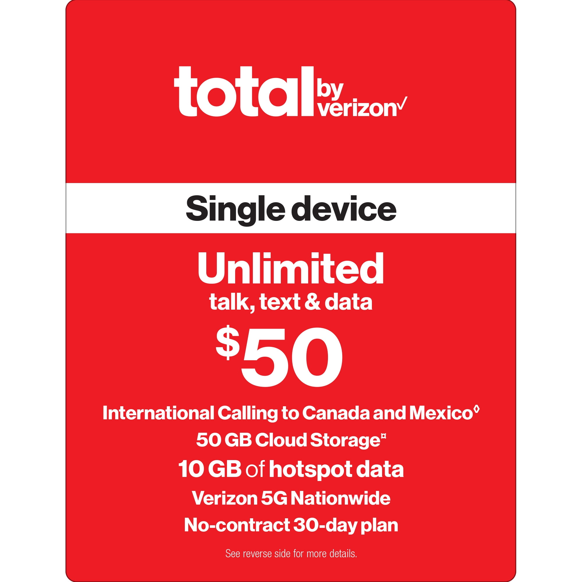 Total by Verizon (formerly Total Wireless) $50 Unlimited Single Device  30-Day Prepaid Plan + 10GB of Mobile Hotspot + Int'l Calling & Cloud  Storage Direct Top Up - Walmart.com