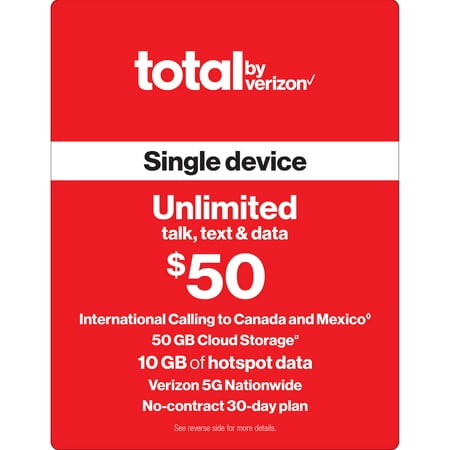 Total by Verizon (formerly Total Wireless) $50 Unlimited Single Device 30-Day Prepaid Plan + 10GB of Mobile Hotspot + Int'l Calling & Cloud Storage Direct Top Up