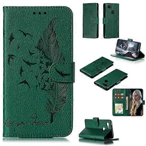 (Green)Feather Pattern Litchi Texture Horizontal Flip Leather Case For Google Pixel 3