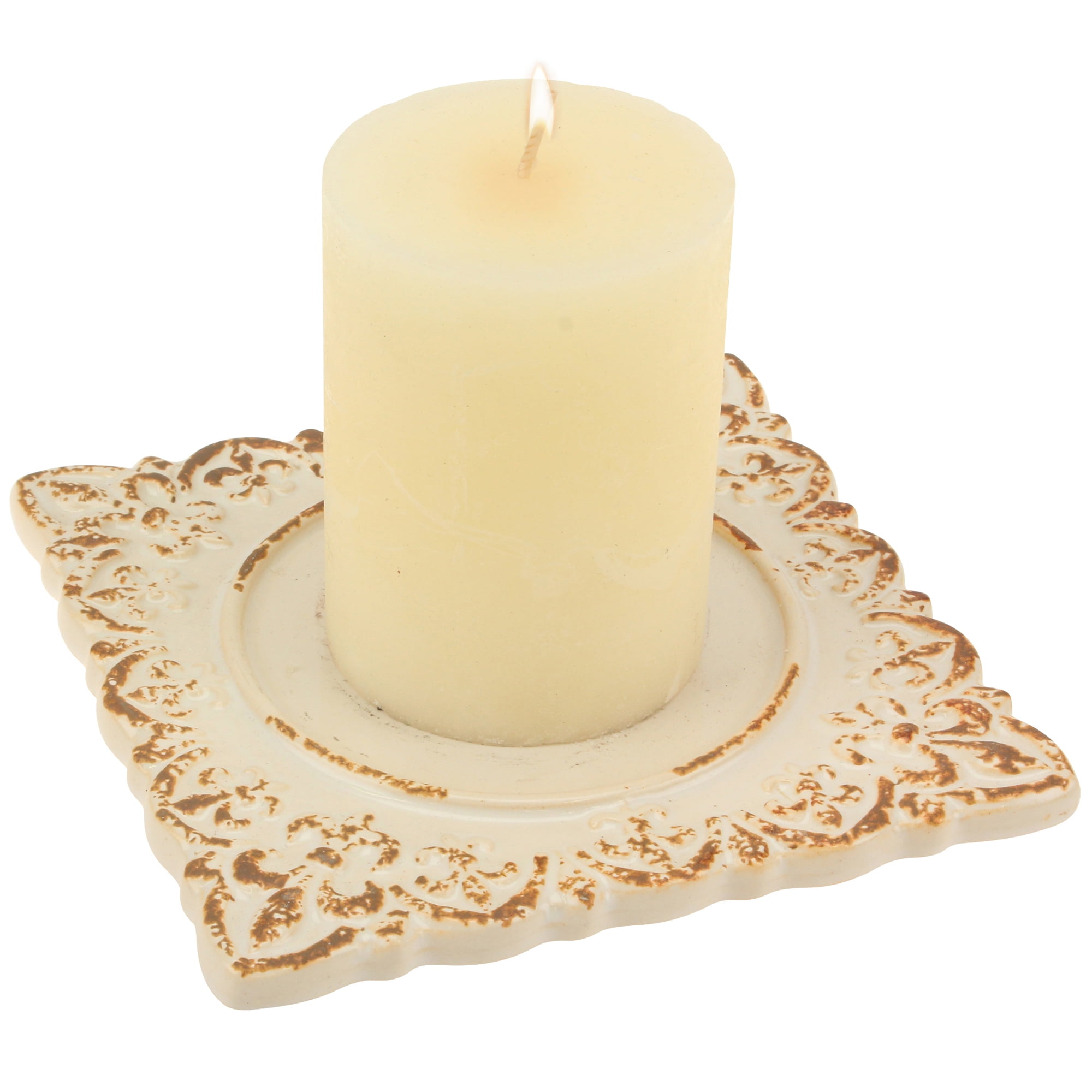 Stonebriar Collection worn white fleur de lis ceramic square candle