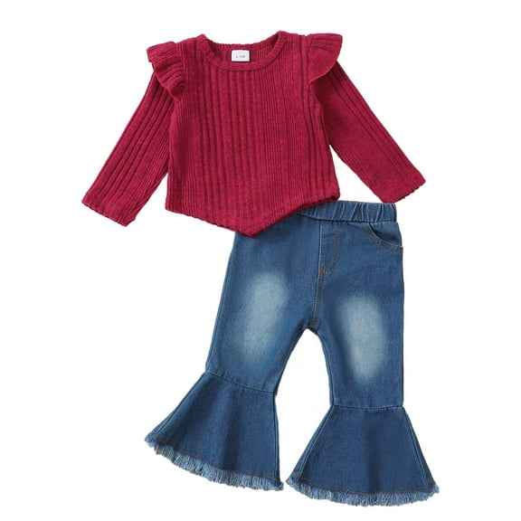 Kucnuzki 2T Toddler Girls Winter Outfits 3T Toddler Girls Warm Clothes Sets Ruffle Long Sleeves Knit Top Solid Color Pullover Top Flared Denim Pants Jeans 2pcs Sets Red