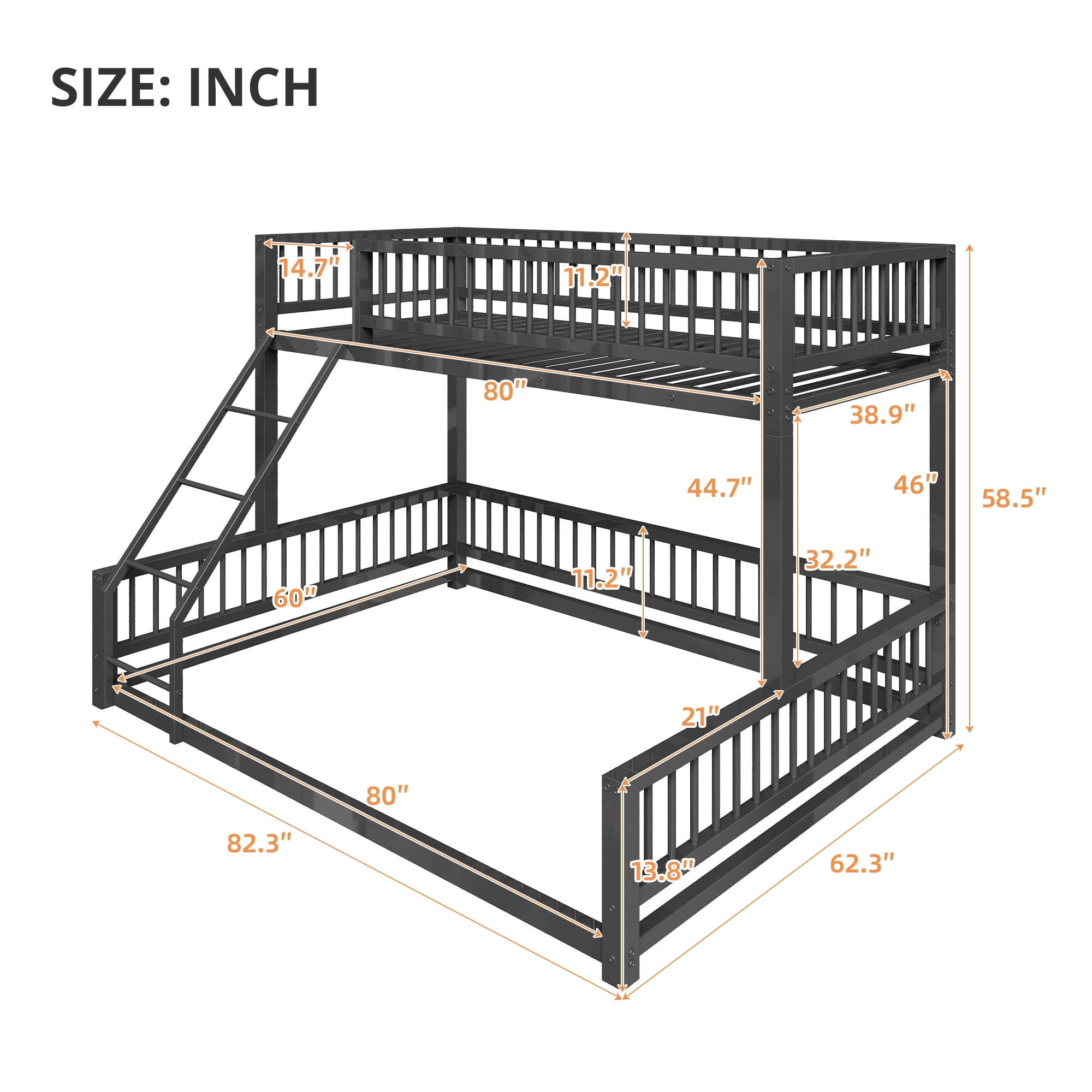 Noble House Twin XL over Queen Bunk Bed, Heavy Duty Metal Frame with Integrated Ladder and Safety Guardrails, Black