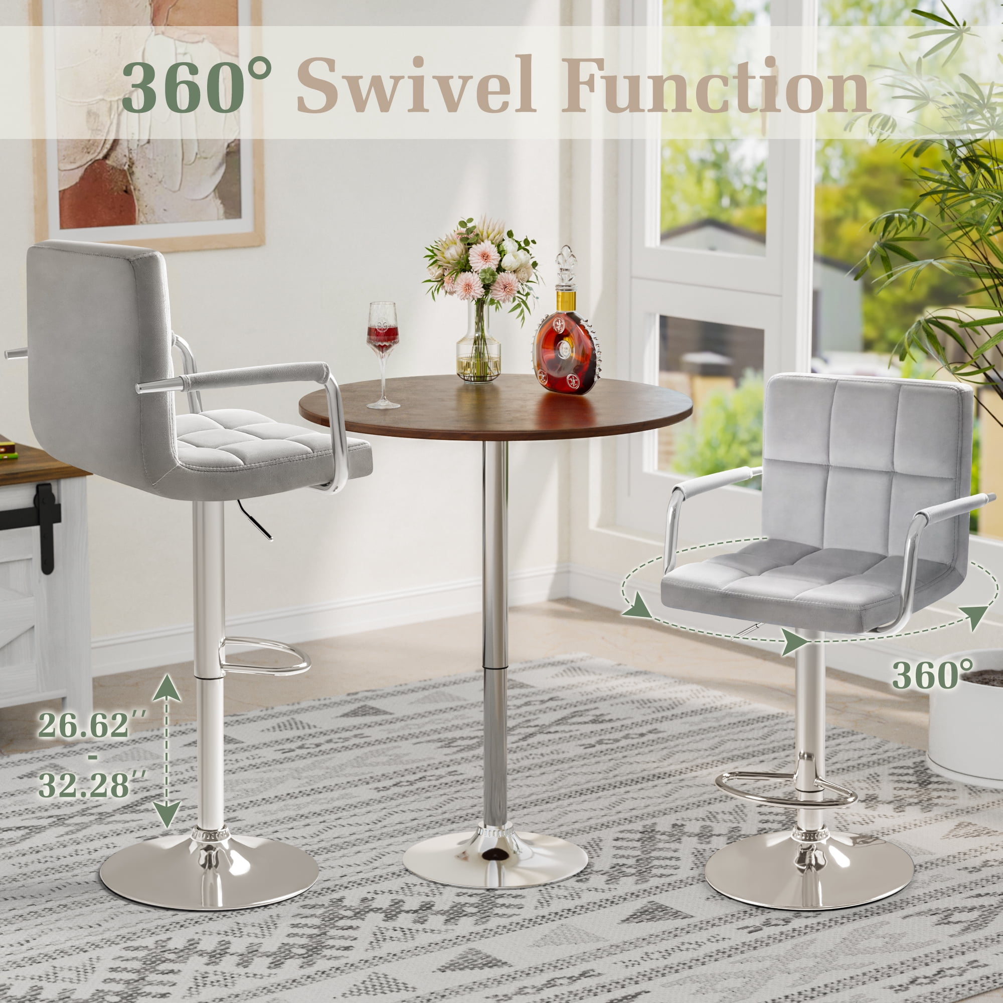 Homall Bar Stools Set of 2 Modern Velvet Height Adjustable Hydraulic Kitchen Counter Square Island Swivel Barstool with Armrest, Gray