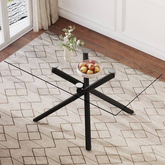 Dining Tables Large Modern Minimalist Rectangular Glass Dining Table for 6-8 with 0.39" Tempered Glass Tabletop and Black color Metal Legs, for Kitchen Dining Living Meeting Room Banquet hall.W1151S0