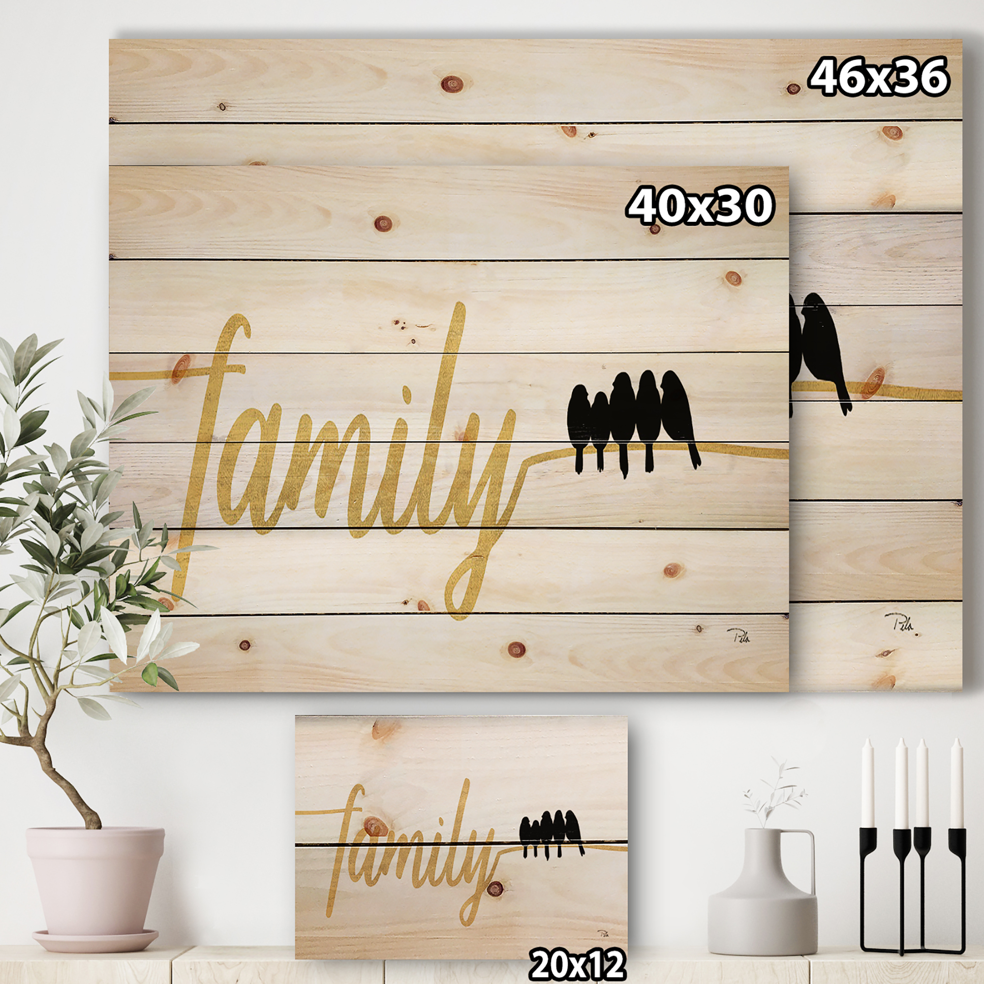 Designart 'Family of Birds on Gold Words II' Cottage Print on Natural Pine Wood
