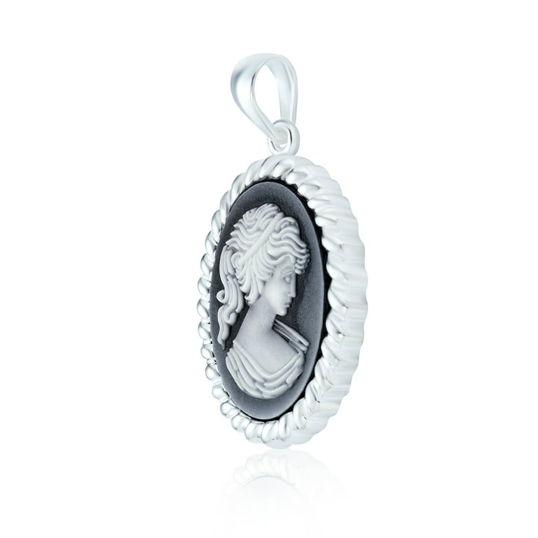 Bling Jewelry Black White Victorian Lady Cameo Oval Pendant Sterling Silver  Necklace