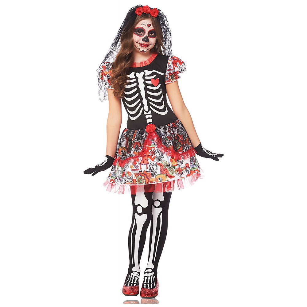 Girls Sugar Skull Costume Kids Skeleton Day Of The Dead Halloween Fancy Dress 
