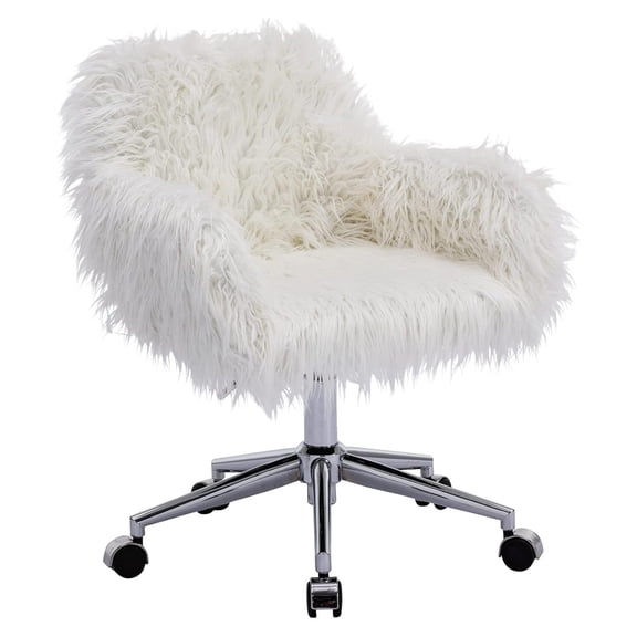 Fluffy Desk Chair, Faux Fur Modern Swivel Armchair with Wheels,White
