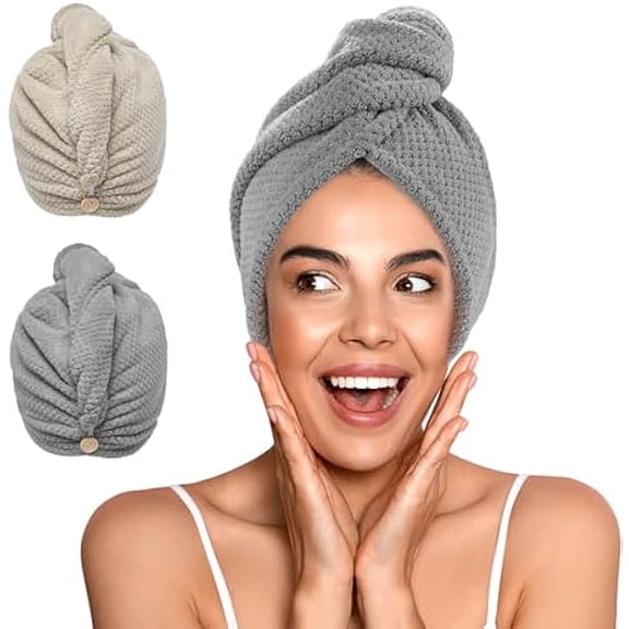 Fu997 2 Pack Microfiber Hair Towel Wrap for Women, Super Absorbent Quick Dry Hair Turban for All Hair Style Anti Frizz, Large Hair Drying Towel with Button