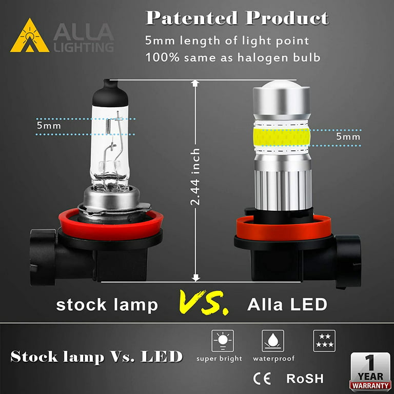 Alla Lighting 2800lm H8 H11 LED Fog Lights Bulbs, 6500K Xenon White Xtreme Super Bright High Power Cob-72 SMD Cars Trucks H16 Replacement, Size: H11