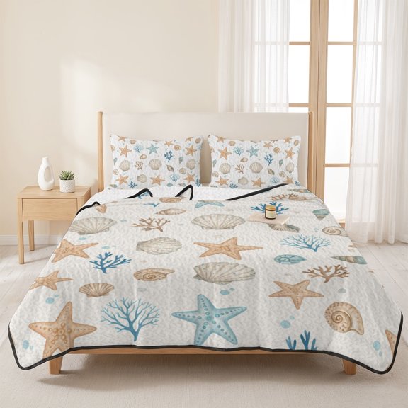3 Pieces Queen Quilt Set,Watercolor Ocean Starfish Shell Soft Bedding Sets with 1 Quilt & 2 Pillow Shams,Marine Life Conch Coral Summer Bedspread Lightweight Coverlet Comforter