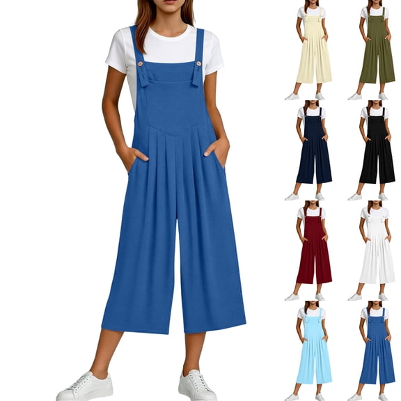 Wide Leg Overalls Bibs for Women Capri Length Pocket Linen Summer Casual Romper Jumpsuits Capris Pants (XL, Blue)