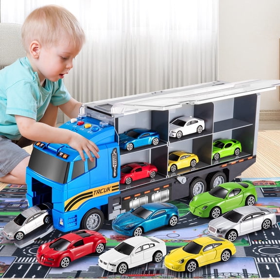 Race Truck Toy Set with Play Mat, Carrier Truck Toys for Kids, Die-Cast Metal Toy Car Set, Truck Car Kids Toys Christmas Birthday Gift for Age 3 4 5 6 Years Old Boys Girls