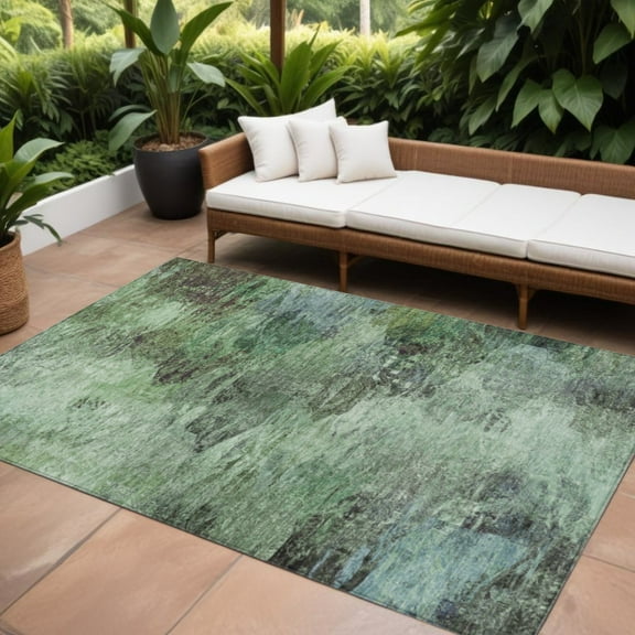 HomeRoots 577622 8 x 10 ft. Abstract Washable Indoor & Outdoor Rectangle Area Rug, Green & Brown