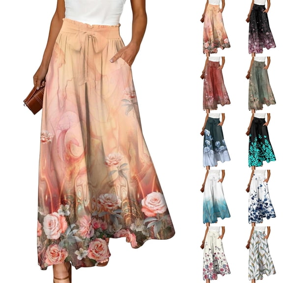 Watercolor Floral Wide Leg Pants for Women, High Waist Drawstring Palazzo Trousers - Boho Summer Flowy Beach Bottoms Army Green L