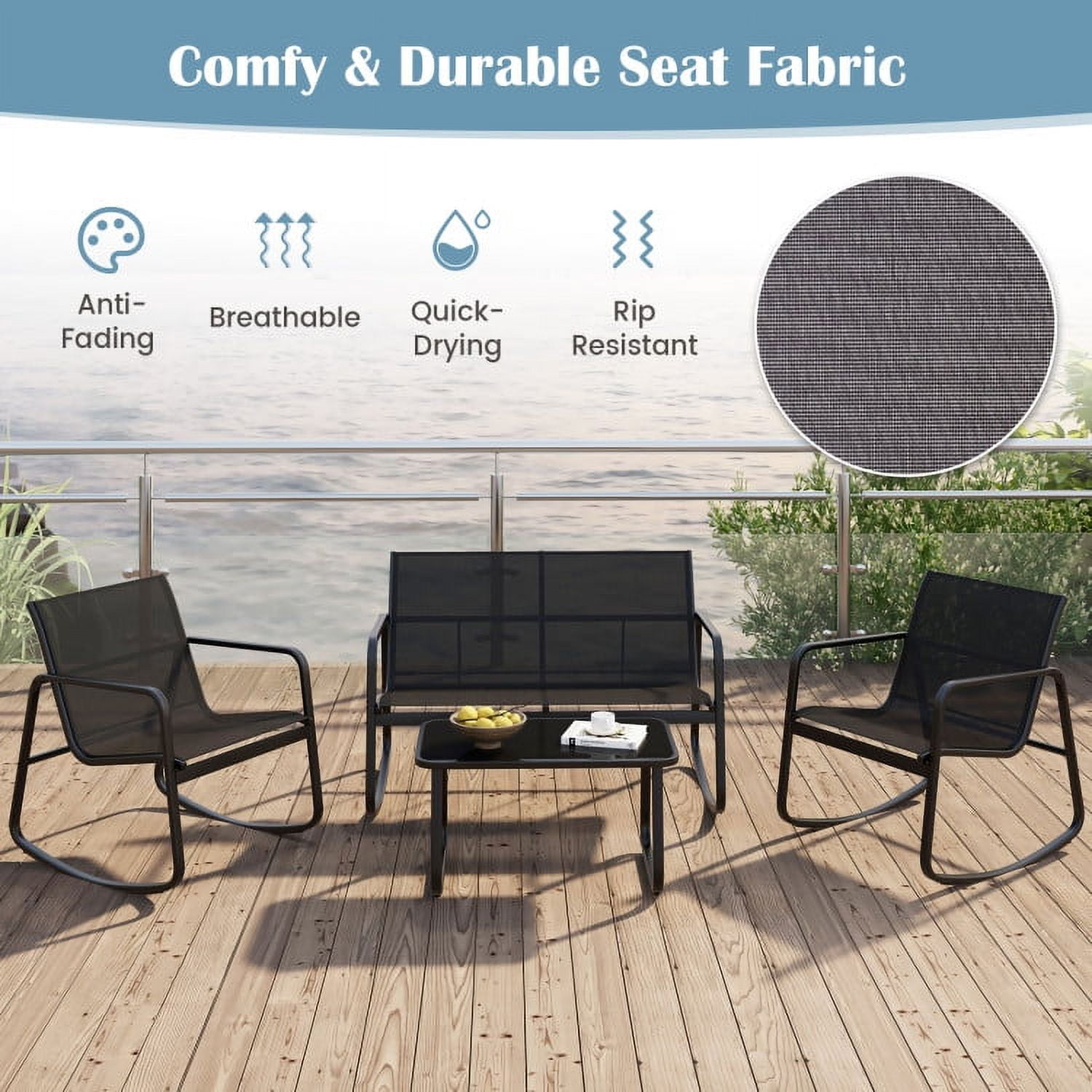 Aimee Lii 4 Pieces Patio Furniture Set with Rocking Bistro Chairs and Glass Top Table for Porch Yard Balcony, Black Aimee Lii 4 Pieces Patio Furniture Set with Rocking Bistro Chairs and Glass Top Table for Porch Yard Balcony, Black