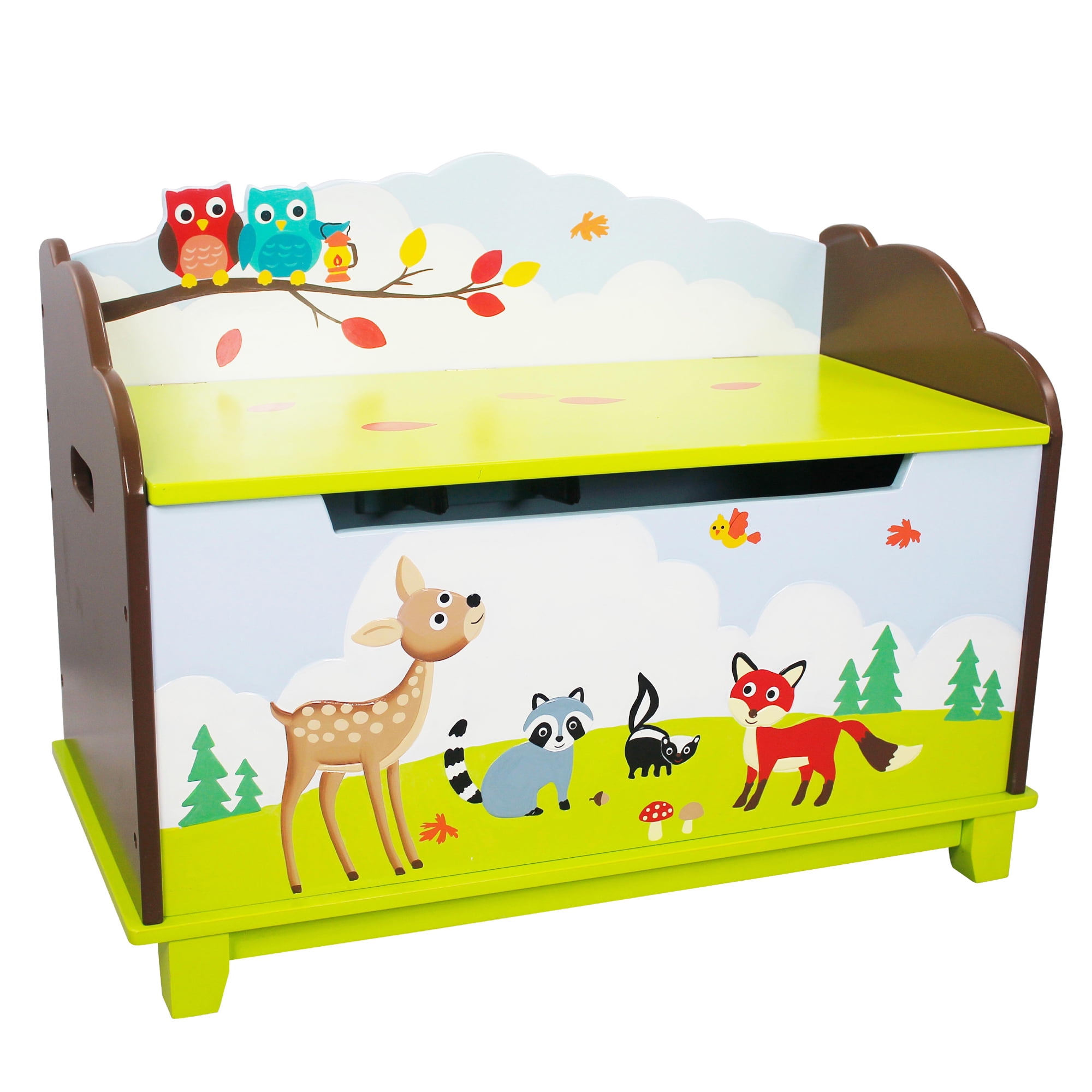 Hand Crafted & Hand Painted Storage Bench Toy Storage Unit Child Friendly Water-Based Paint Fantasy Fields Enchanted Woodland Themed Kids Wooden Toy Chest Storage Bench with Safety Hinges 
