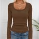 thumbnail image 1 of MHFRRA Camiseta Básica de Punto Acanalado para Mujer, Cuello Cuadrado, Manga Larga, Moda de Otoño, Informal, Elástica, Cómoda, para Niñas y Adolescentes Marrón, 1 of 4