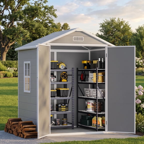 Asofer 6x4ft Resin Plastic Outdoor Storage Shed with Floor, Side Window & Lockable Door for Backyard Garden Patio, Gray