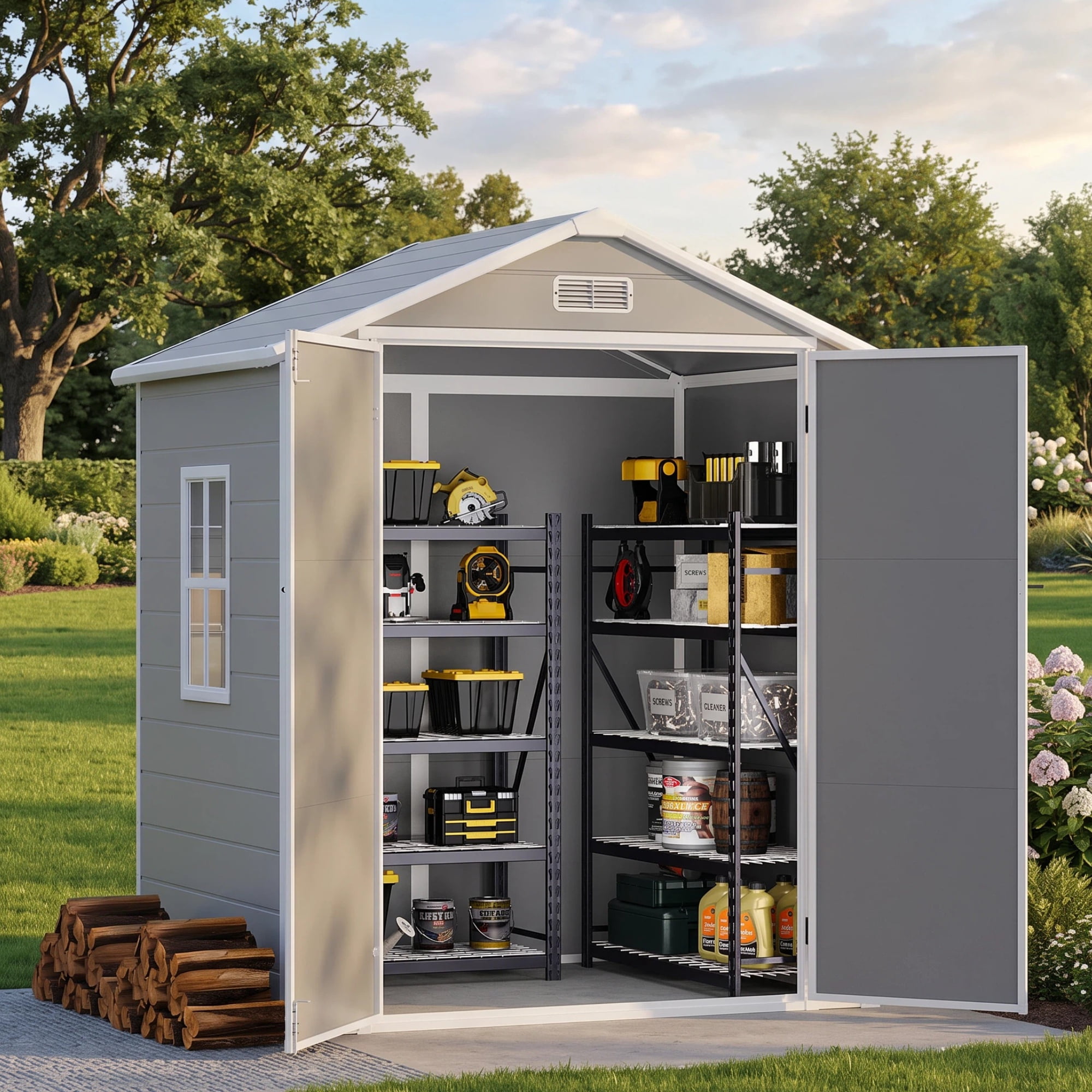 Asofer 6x4ft Resin Plastic Outdoor Storage Shed with Floor, Side Window & Lockable Door for Backyard Garden Patio, Gray