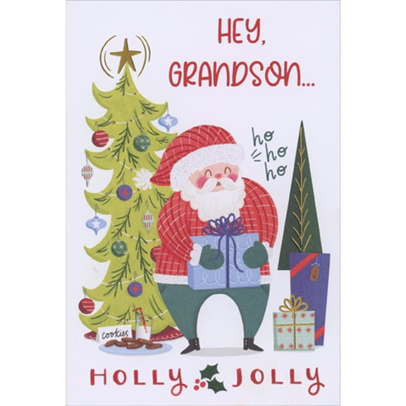 Designer Greetings Holly Jolly Santa Holding Blue Present Next to Tree Juvenile Christmas Card for Grandson