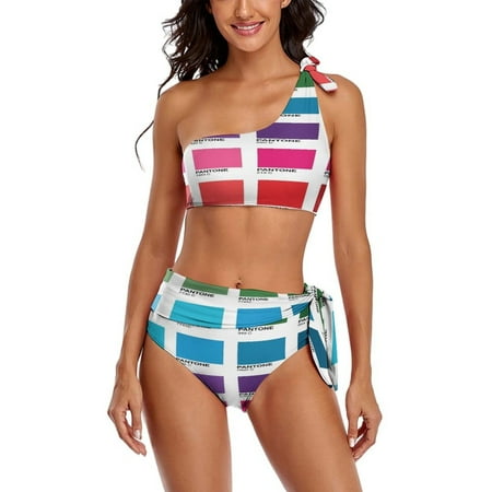 Shades of Pantone Colors One Shoulder Bowknot Swimsuit Two Piece Swimsuit Knot Crop Top Bikini High Waisted Bathing Suit