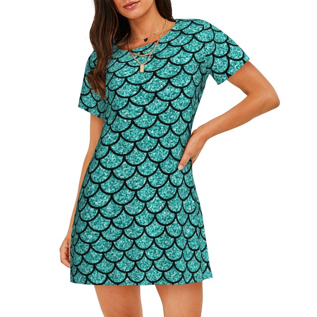 Easygdp Aquamarine Glitter Camisón de manga corta para mujer, informal, estampado
