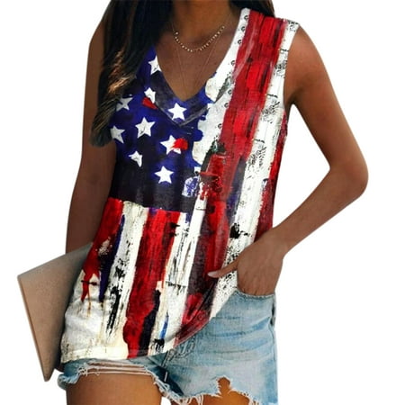 

4Th Of July Shirts Womens Summer Tops Independence Day Hand Sleeveless Shirt Flag Womens Camisole Tank Neck Painted Top Pullover V American Tops Womens Tanks Camis