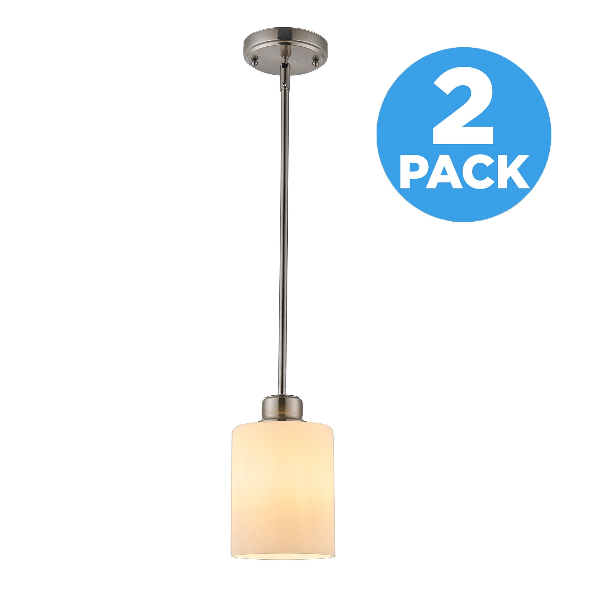 Satin Nickel Haddie 1-Light Mini Pendant, Dimmable with Frosted Glass Shade, Sloped Ceiling Compatible, 2-Pack